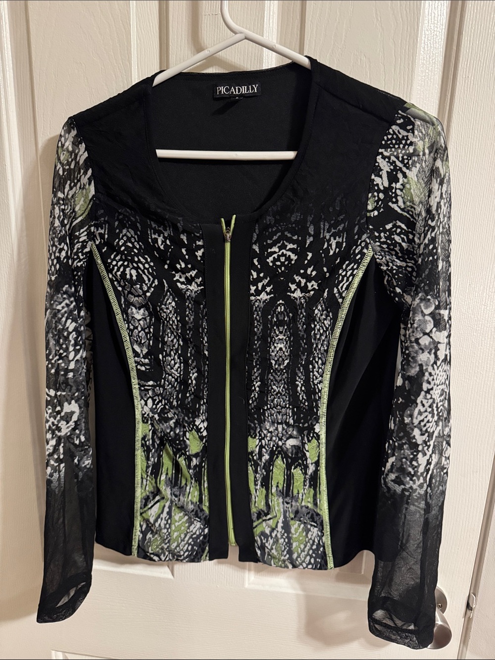 Picadilly Fashion Black Jacket with Green Patterned Panels